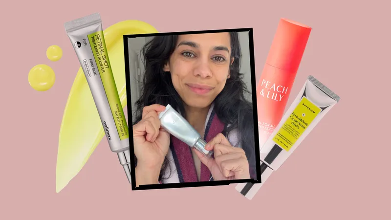 Image contains Allure editor Shanna Shipin holding Medik8 Crystal Retinal surrounded by a collage of the best retinal serums