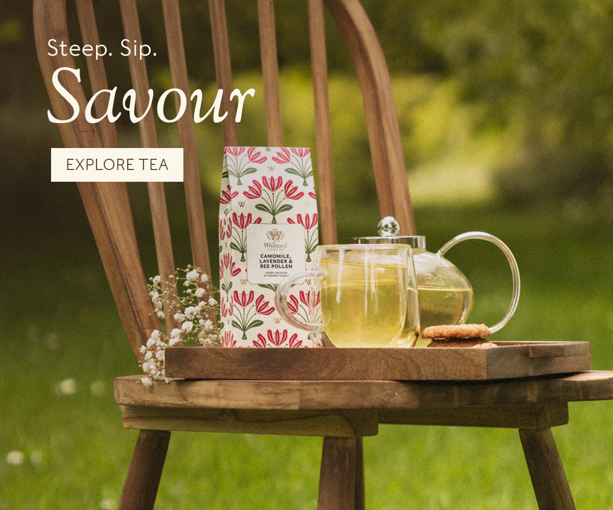 image of three loose leaf tea pouches with autumnal leaves and ' Steep. Sip. Savour' with Explore Tea CTA