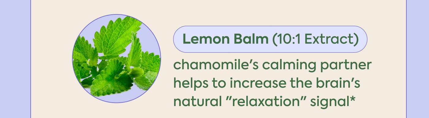 Lemon Balm (10:1 Extract) chamomile’s calming partner  helps to increase the brain's natural “relaxation” signal*
