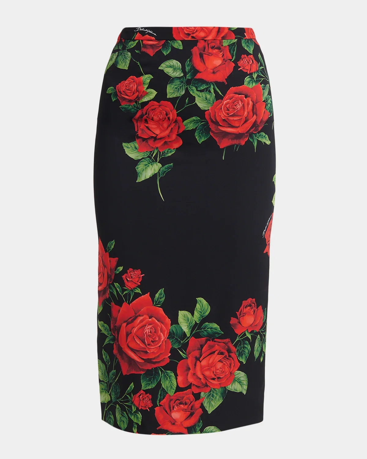Rose-Print Silk Midi Sheath Skirt