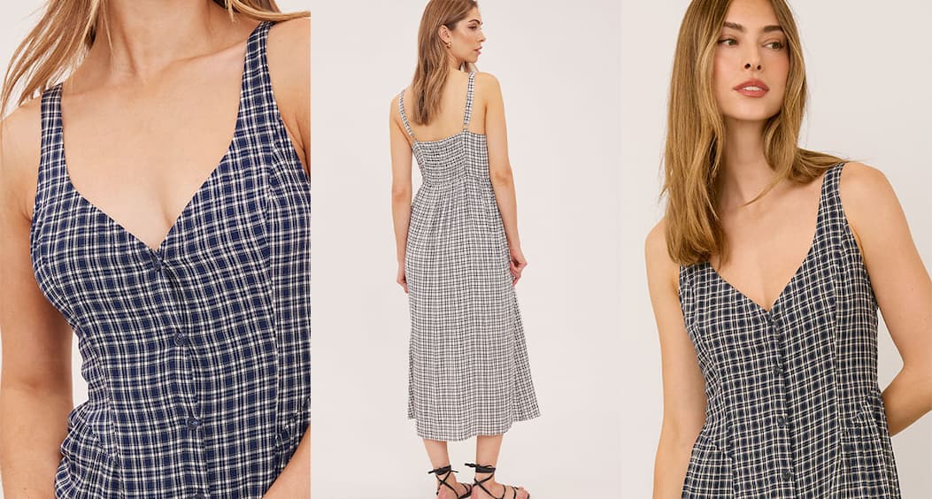 Close-up, front and back views of the checked midi dress, highlighting fit, buttons and pattern.