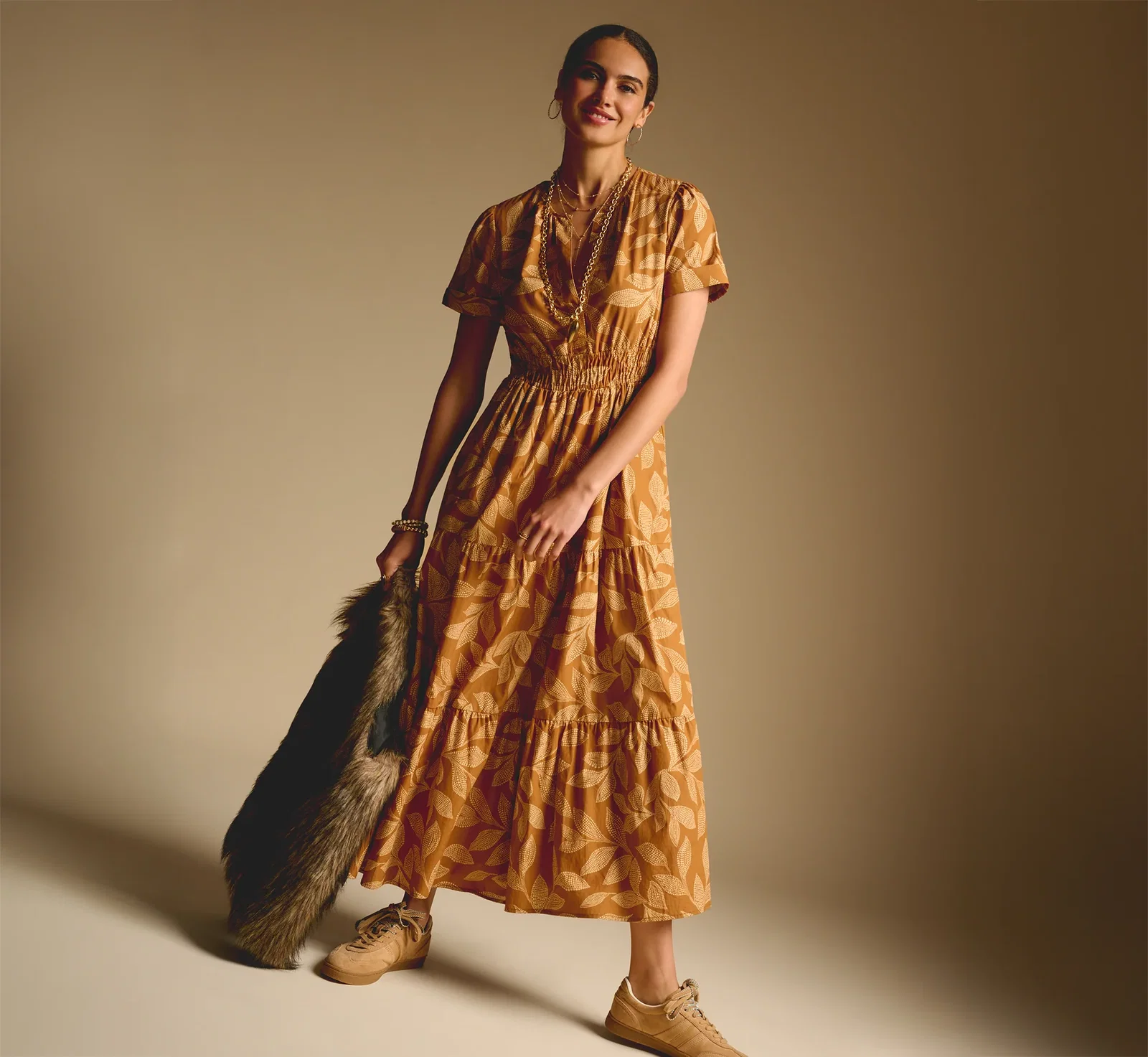 Image of Short Sleeve Sophia Tiered Midi Dress In Cognac Multi