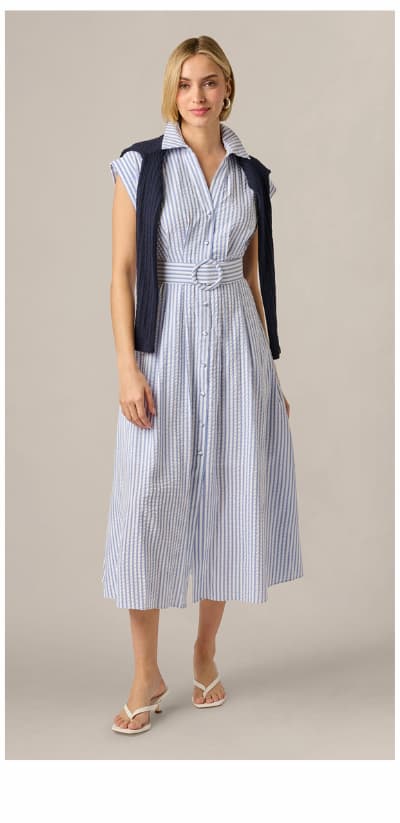 Cap Sleeve Belted Emma Midi Dress In Blue Ivory