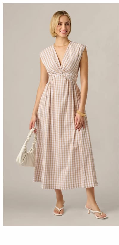 Gingham Cotton Everyday Midi Dress In Beige Ivory