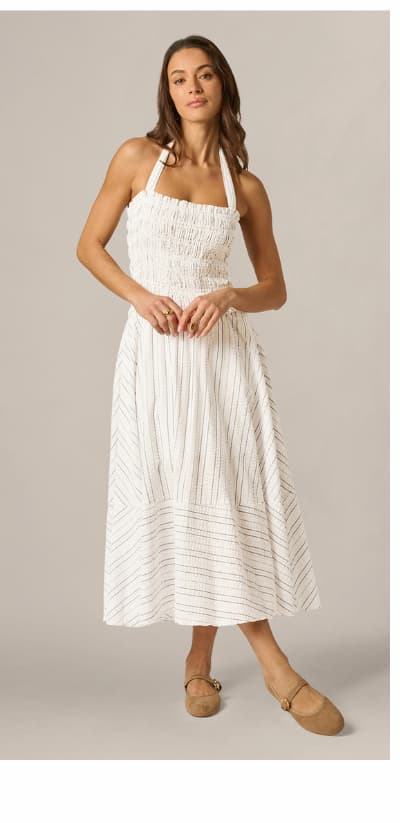 Smocked Seersucker Halter Midi Dress In Ivory Multi