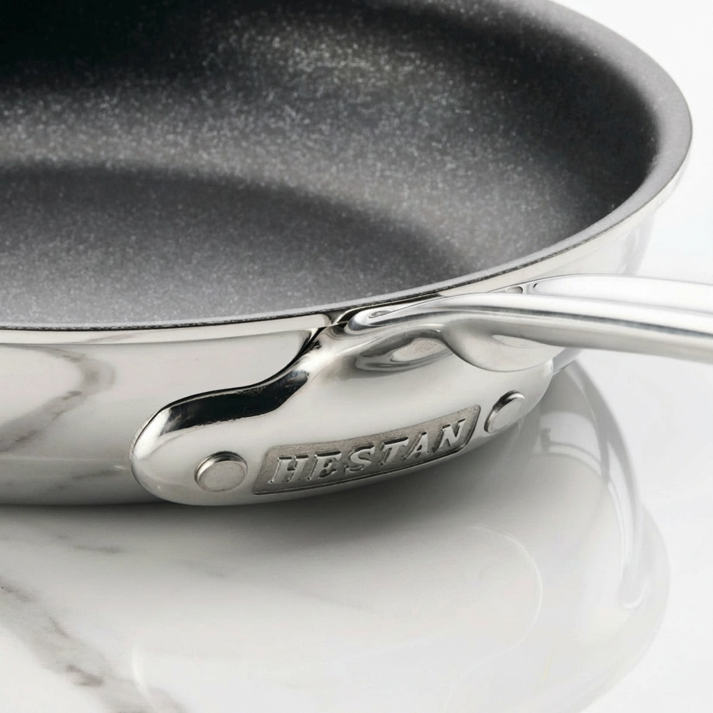 IMG: Close-up of a Hestan ProBond Luxe® Polished Clad Stainless Steel Skillet with TITUM® Nonstick