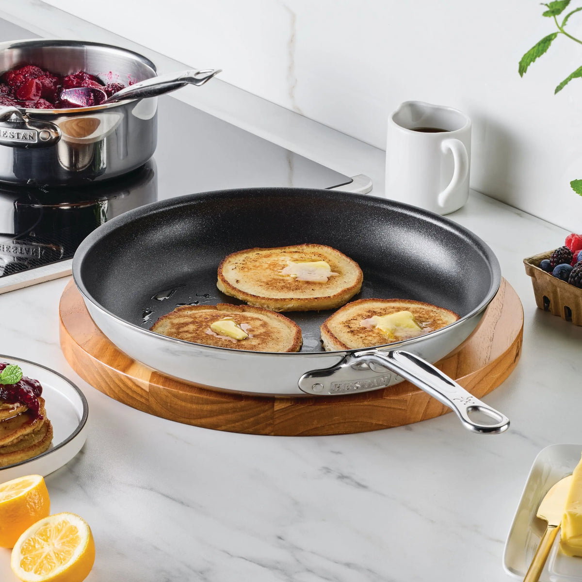IMG: Pancakes in a Hestan ProBond Luxe® Polished Clad Stainless Steel Skillet