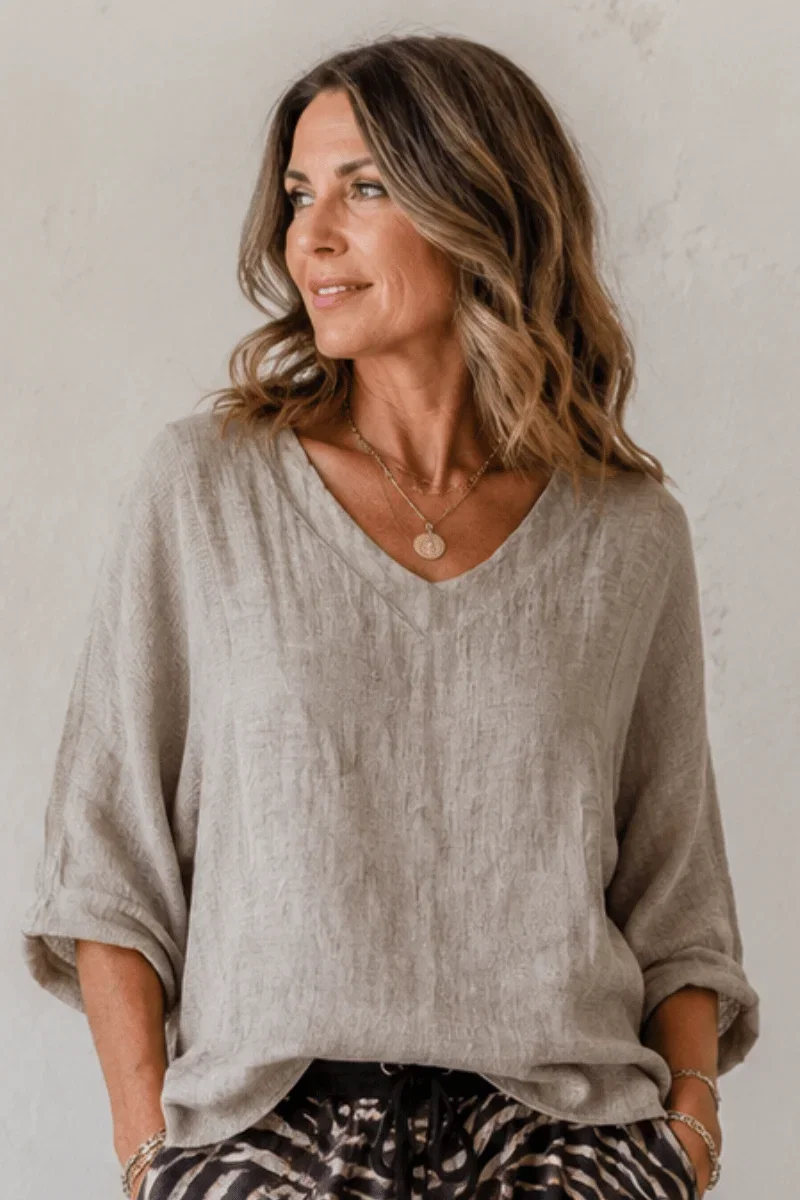 Image of La Strada Italian Linen V Neck 3/4 Sleeve Fango