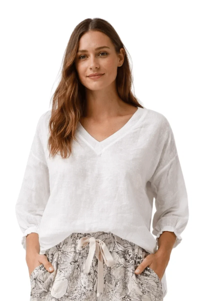 Image of La Strada Italian Linen V Neck Long Sleeve White