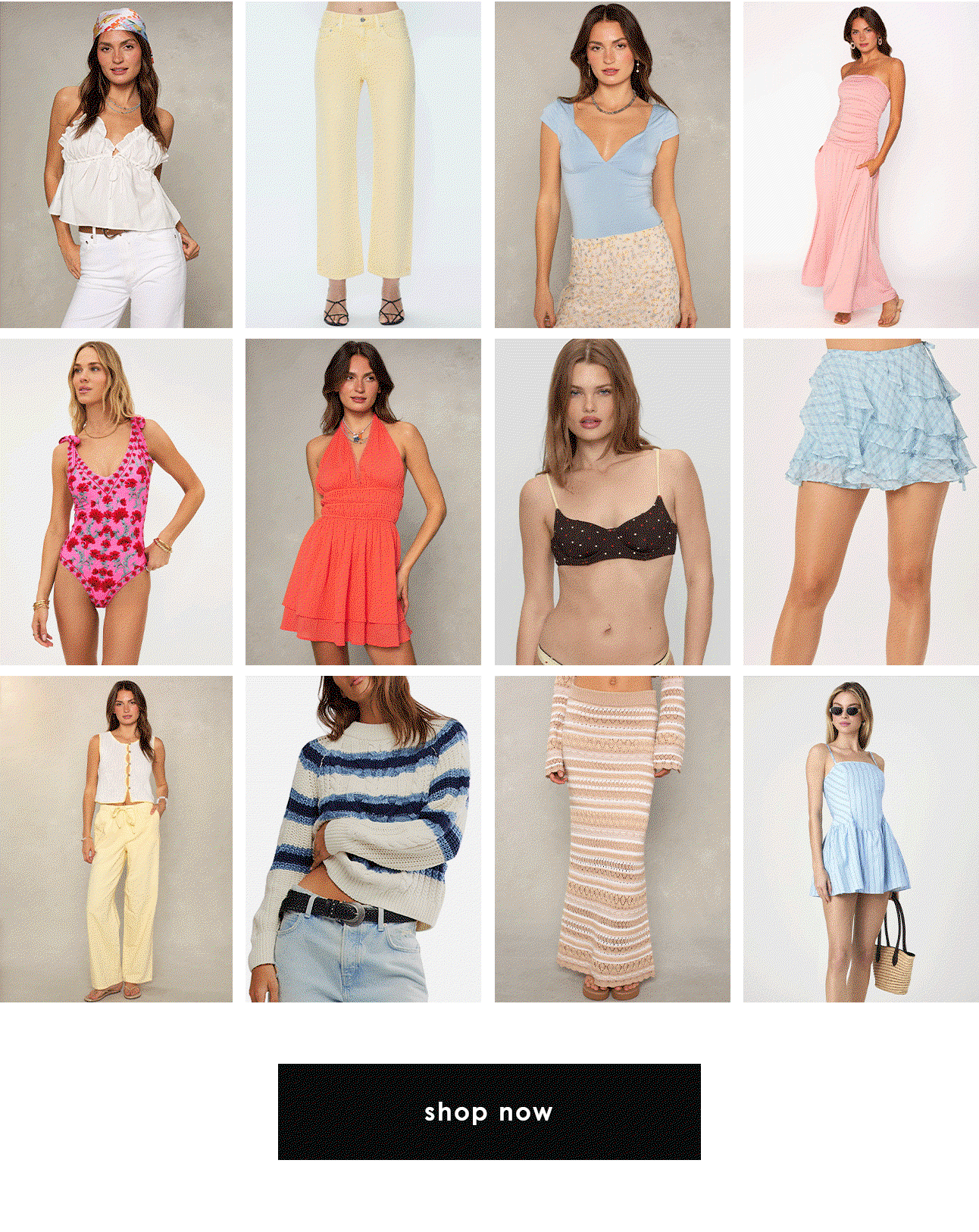 Collage of women’s summer fashion featuring tops, pants, dresses, swimwear, skirts, a sweater and a striped romper in soft pastel and bright colors, with a “Shop Now” button below.
