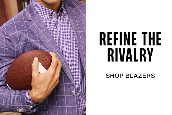 Model holding a football while wearing a blue windowpane blazer over a patterned shirt. Text reads: 