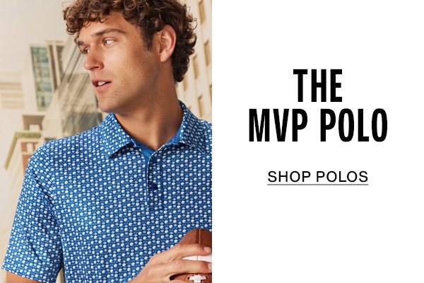 Model wearing a blue patterned polo while holding a football. Text reads: 
