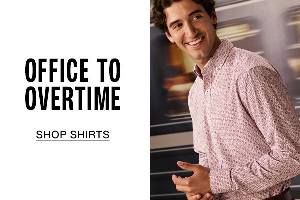 Model wearing a pink patterned button-down shirt. Text reads: 