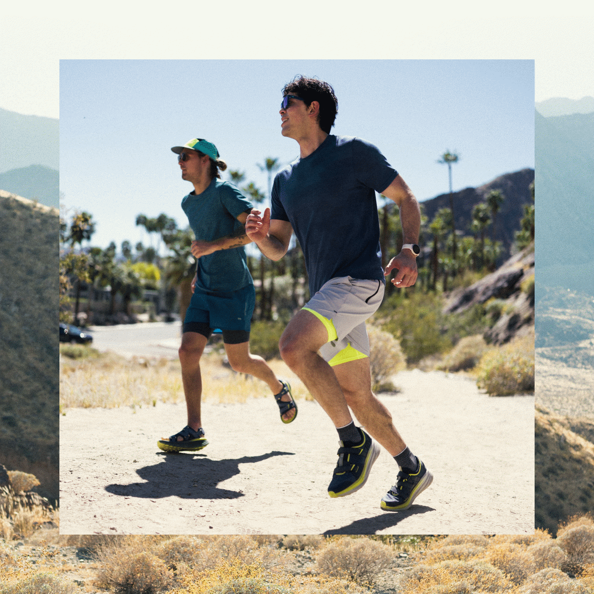 GIF of people running and hiking in a rocky, hot setting.