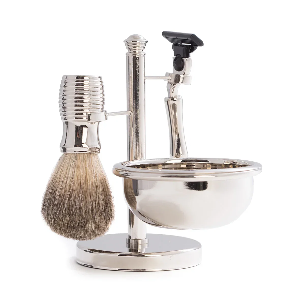 Image of Razor and Pure Badger Brush with Soap Dish on Chrome Stand