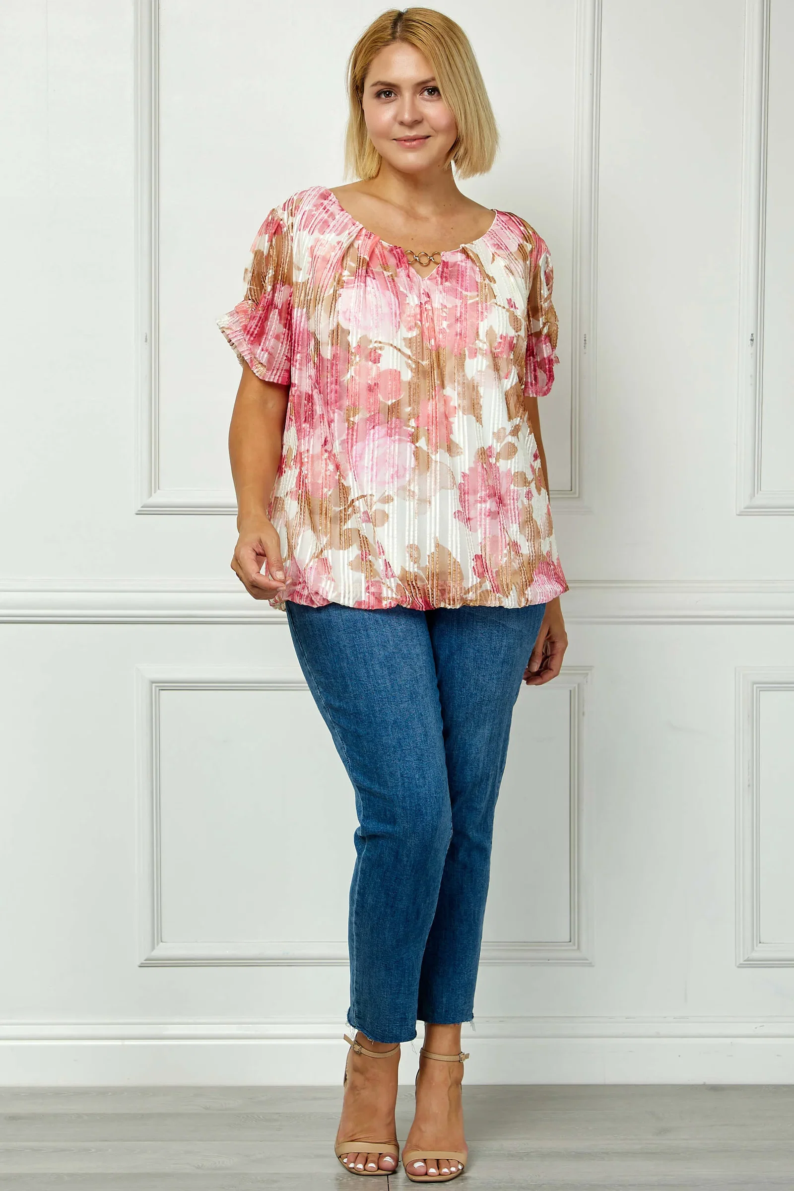 Image of Step Sleeve Cutout Neck Ring Trim Bubble Blouse in Ivory/Pink - Plus