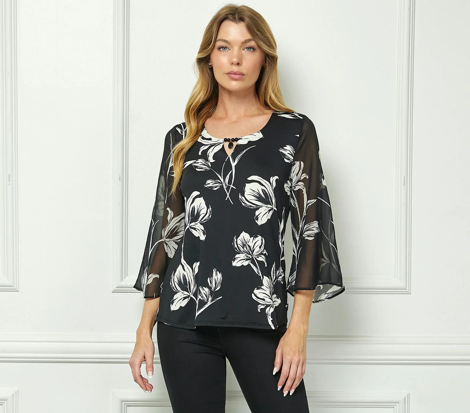 Image of 3/4 Flare Sleeve Cutout Trim Front Neck Swing Blouse in Black