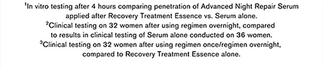 1In vitro testing after 4 hours comparing penetration of Advanced Night Repair Serum
applied after Recovery Treatment Essence vs. Serum alone.
2Clinical testing on 32 women after using regimen overnight, compared
to results in clinical testing of Serum alone conducted on 36 women.
3Clinical testing on 32 women after using regimen once/regimen overnight,
compared to Recovery Treatment Essence alone