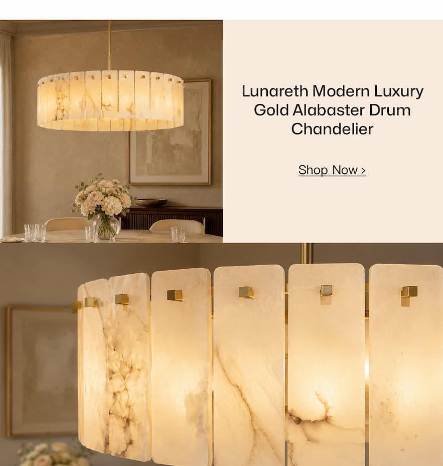 Lunareth Modern Luxury Gold Alabaster Drum Chandelier