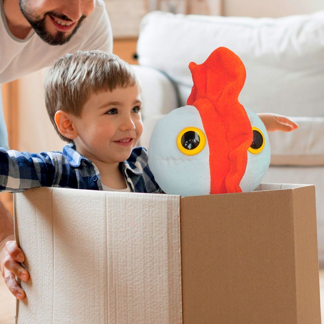 Dad and son with Chickenpox plush