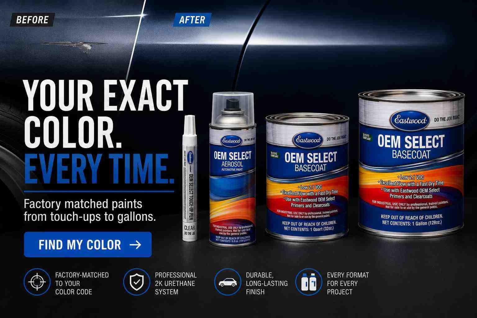 Eastwood OEM Select paint system with factory-matched 2K urethane paint, primers, and touch-up pen for professional color-matched automotive repairs.