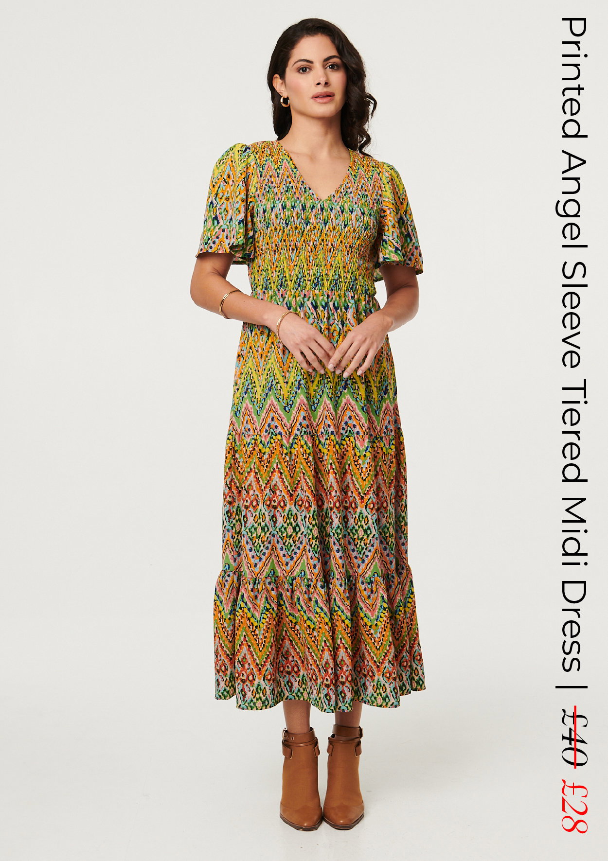 Printed Angel Sleeve Tiered Midi Dress | Shop Now