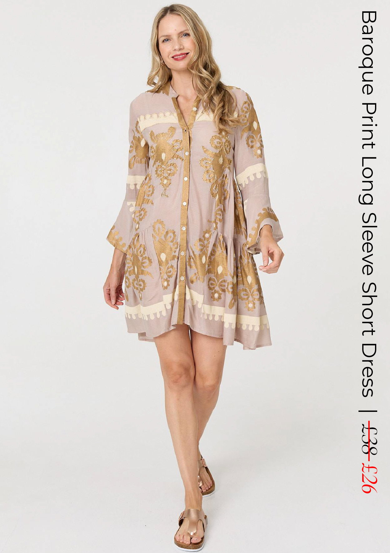 Baroque Print Long Sleeve Short Dress | Shop Now