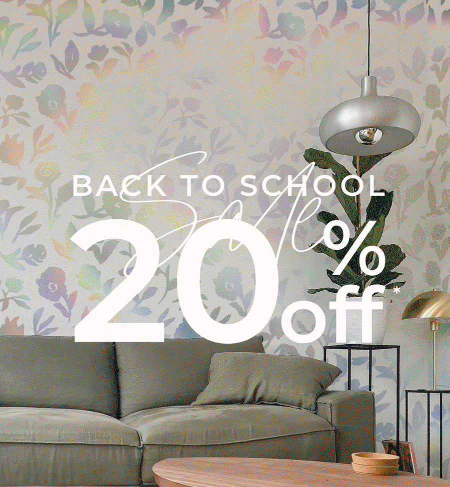 Gif image showing Tempaper's Back to School wallpaper collection in various rooms. Text Overlay "Back To School Sale 20% Off*"
