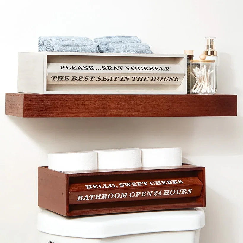 Image of Wooden Bathroom Toilet Topper Storage Tray with Funny Rotating Phrases
