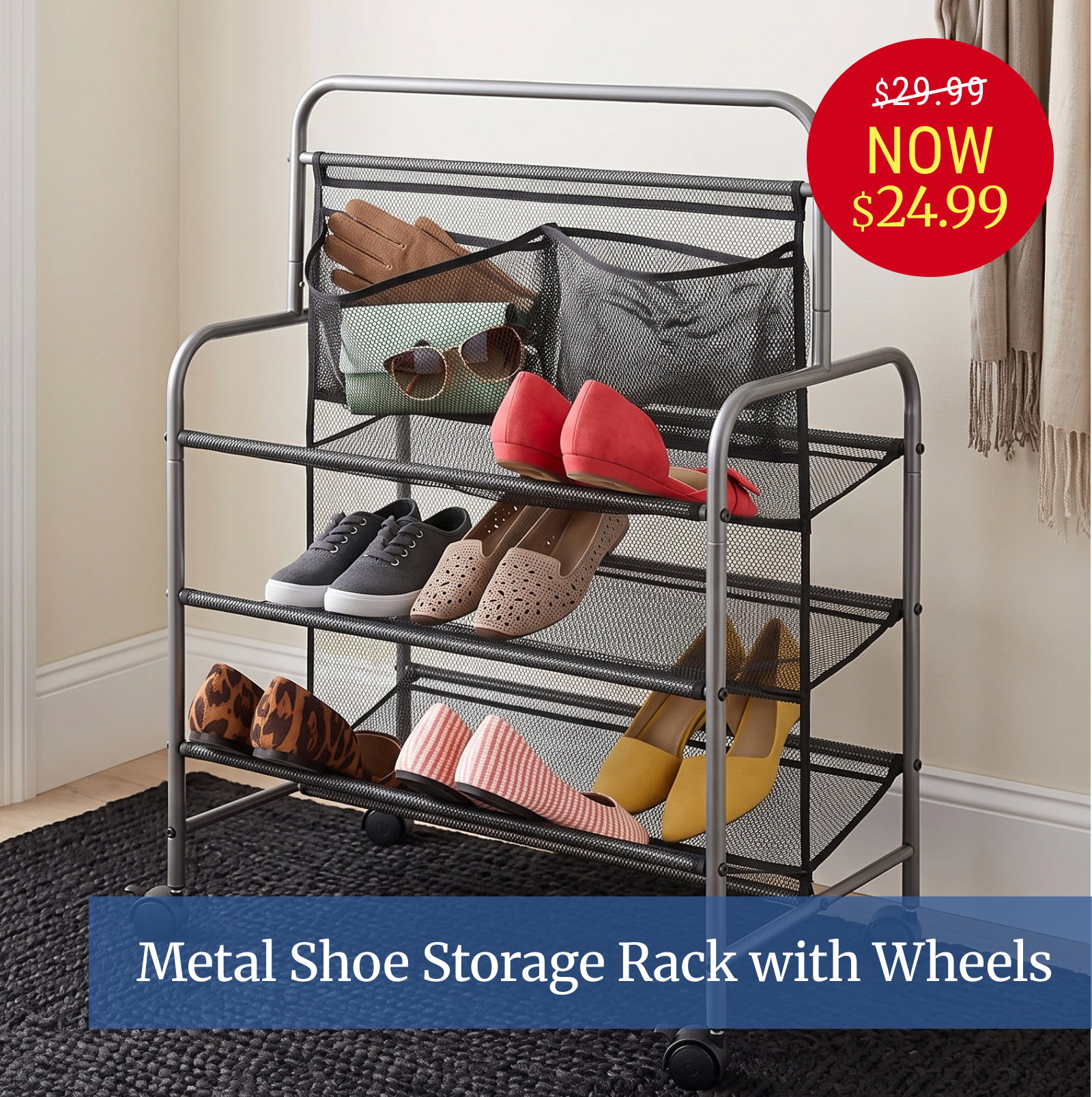 Metal shoe storage rack with wheels