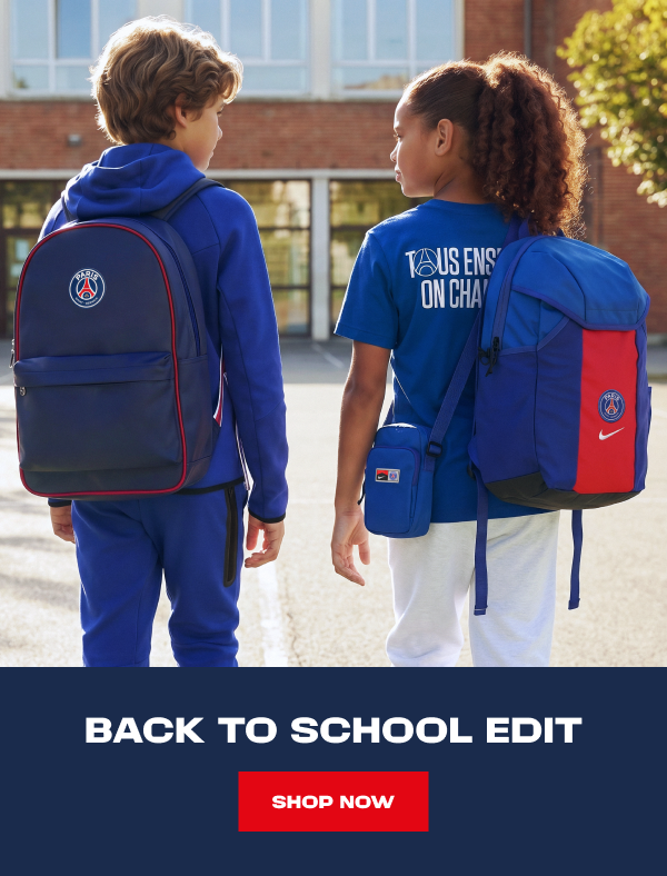 Two children wearing PSG backpacks and school essentials, promoting the Back to School Edit with a Shop Now call to action.