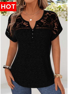 Black Patchwork Short Sleeve Split Neck Blouse