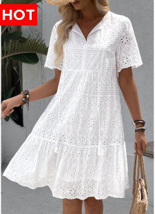 White A Line Short Sleeve Split Neck Dress