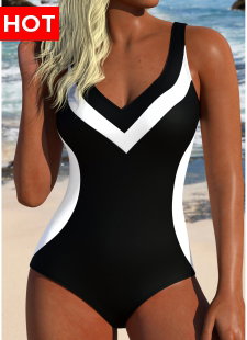 Black Tummy Control Patchwork One Piece Swimwear