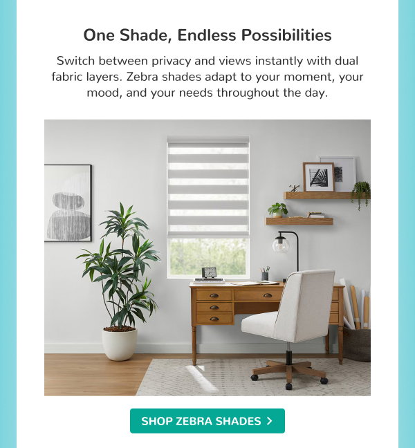 One Shade, Endless Possibilities | Switch between privacy and views instantly with dual fabric layers. Zebra shades adapt to your moment, your mood, and your needs throughout the day. | SHOP ZEBRA SHADES >