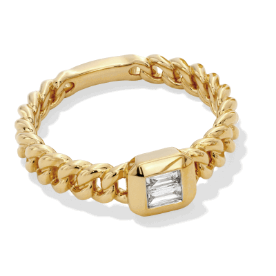 Yellow gold chain ring with bezel-set square-cut diamond.