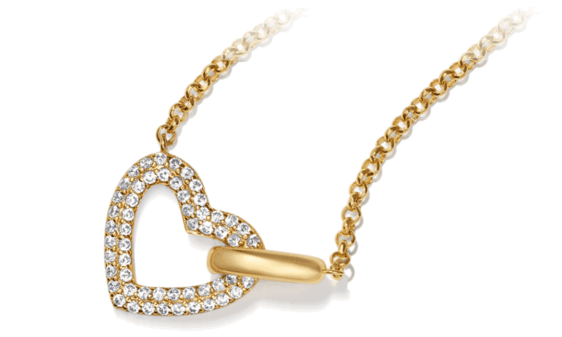 Yellow gold open heart diamond pendant necklace on a fine chain.