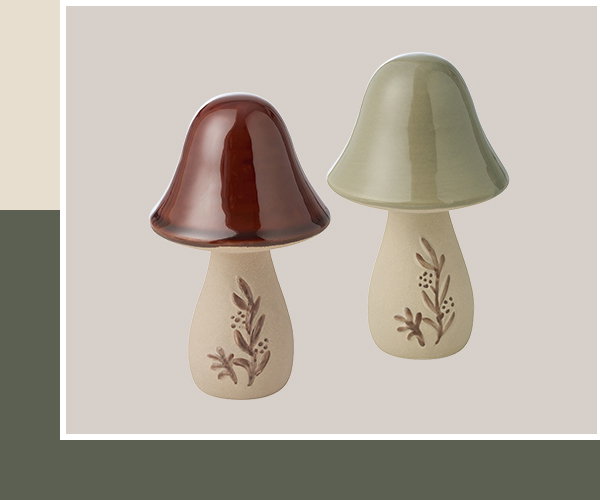 Deko-Pilze 2er-Pack, braun, grün, keramisch, florale Gravur, Produktansicht, Vorderansicht