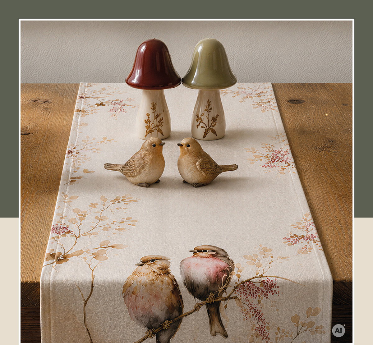 Tischläufer, creme, mit Vogel- und Blumenmuster, Vorderansicht