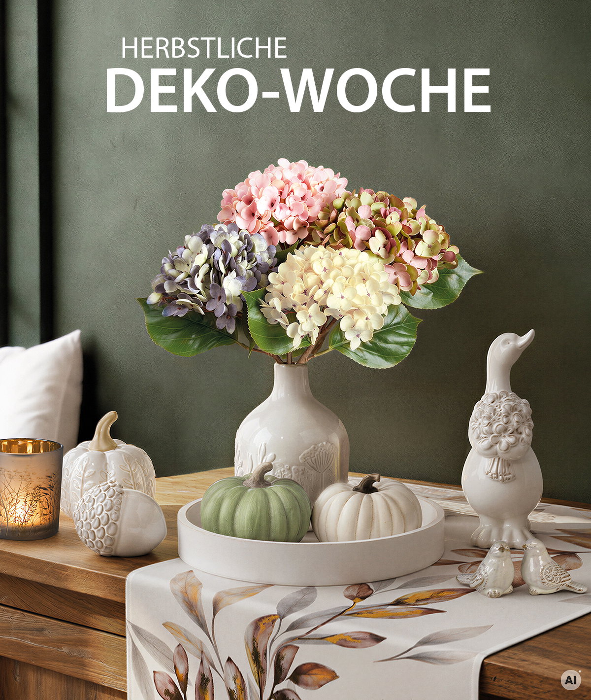 Keramikvase mit künstlichem Blumenstrauß, Dekotablett mit drei Deko-Kürbissen in Weiß und Grün, weiße Keramikgans, weiße Deko-Kürbisse, Vorderansicht