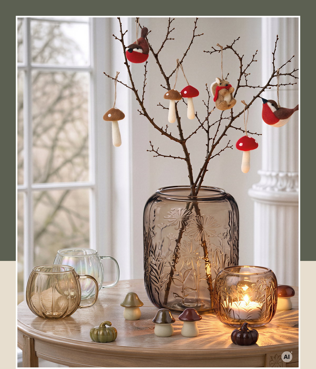 Vase aus Glas, transparent, Reliefmuster, Äste mit Dekopilzen und Vogelfiguren, Glas-Teelichthalter, Pilz-Dekoration, Vorderansicht
