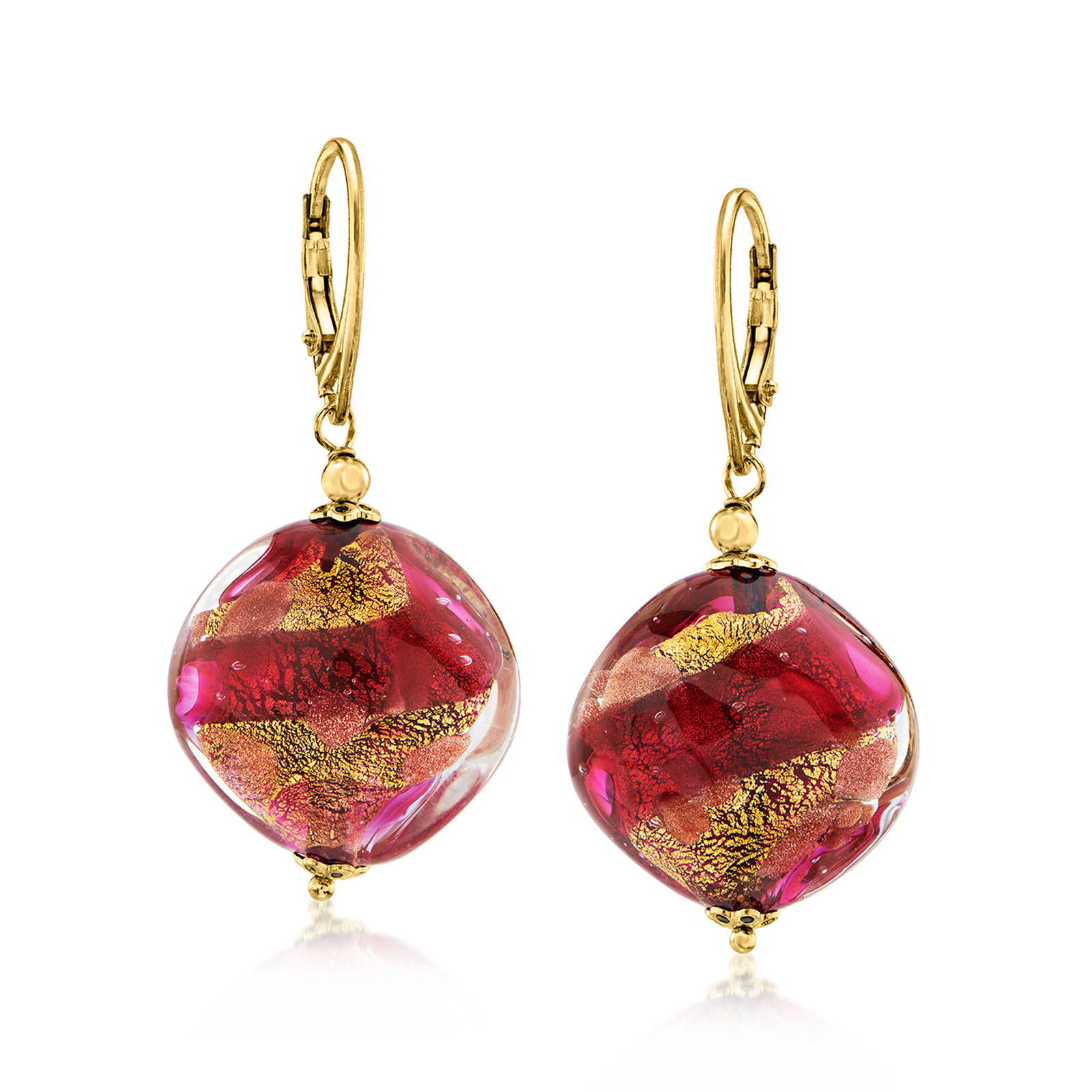 Image of Italian Hot Pink Murano Glass Bead Drop Earrings in 18kt Gold Over Sterling