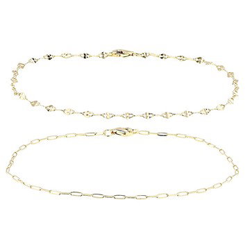 Solid 18k Yellow Gold Over Sterling Silver Set of 2 Mirror and Paperclip 8\" Chain Bracelets