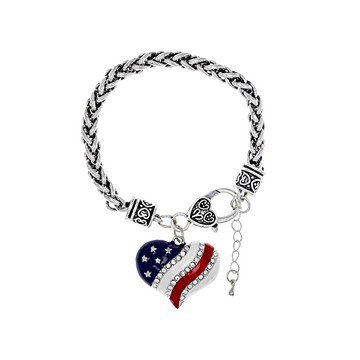 White Crystal & Enamel Silver Tone Heart Shape Patriotic Bracelet