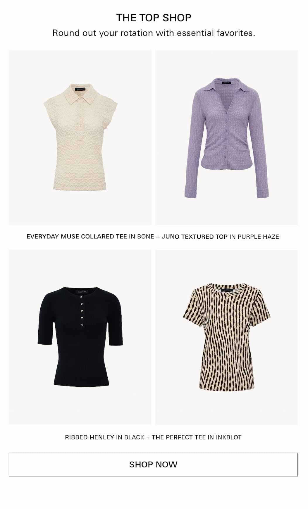 shop our newest tops in button ups, henleys, tees, and tanks