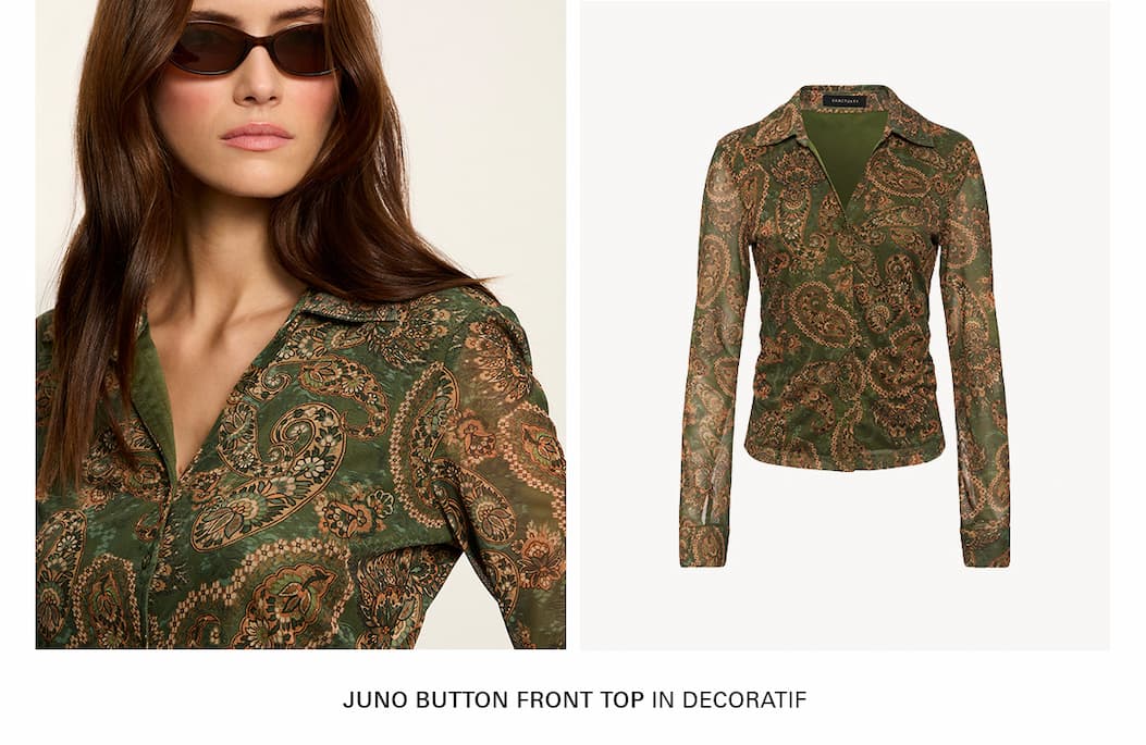 june button front mesh top in tapestry print