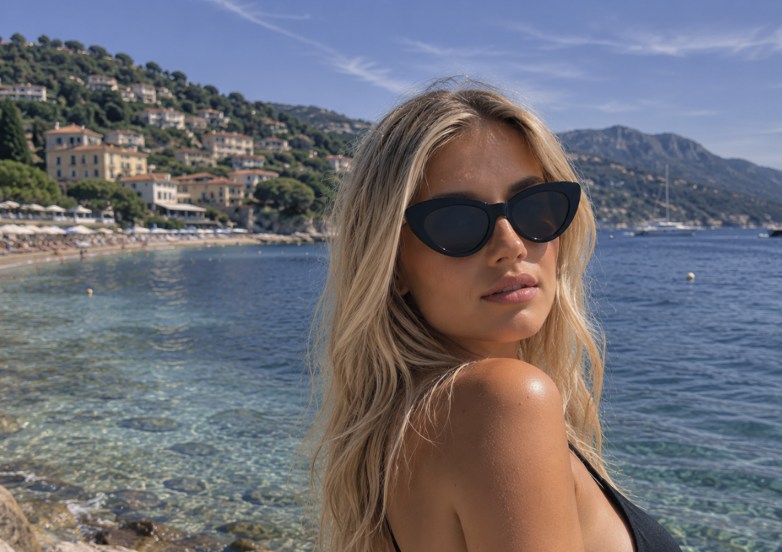 A woman in France wearing the Pamela Sunglasses