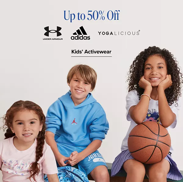 Up to 50% off. Shop kids activewear. Under Armour. Adidas. Yogalicious. A group of kids in gym clothing.