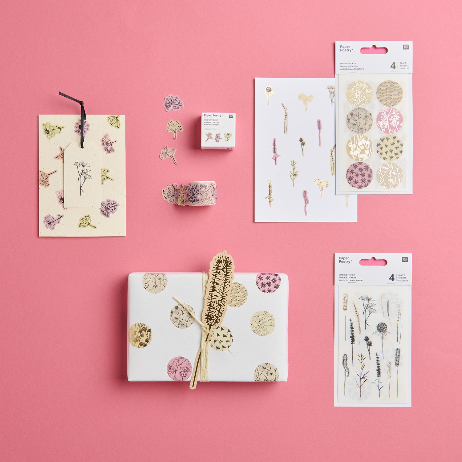 Karte und Geschenk verziert mit Gräserstickern in Pastell mit Goldakzenten