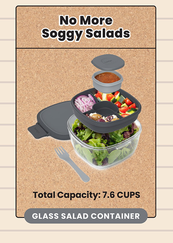 No More Soggy Salads - Total Capacity: 7.6 Cups - Glass Salad Container